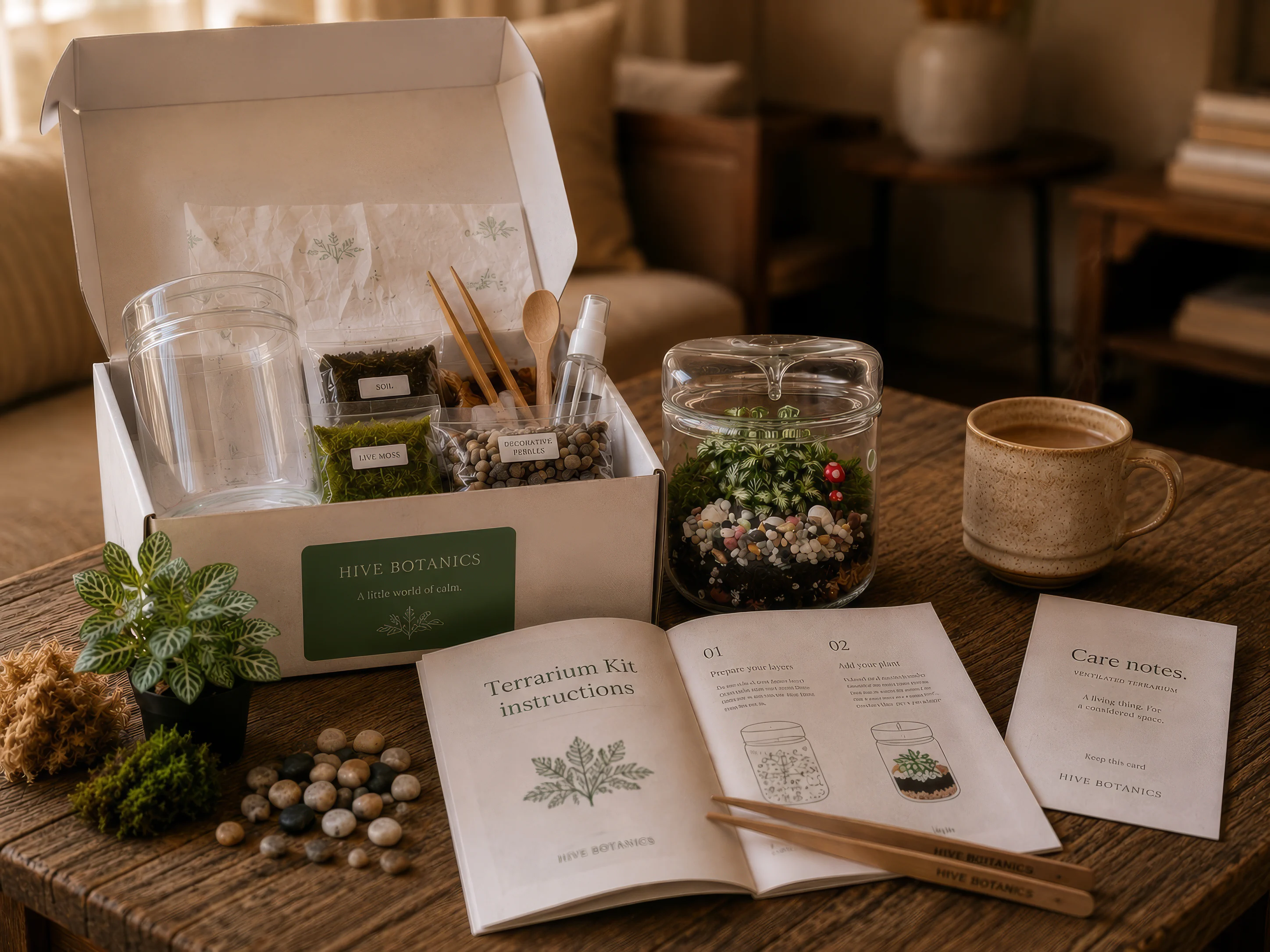 Hive Botanics DIY Terrarium Kit - an open kit box with its contents, the instruction booklet and a finished terrarium on a wooden table