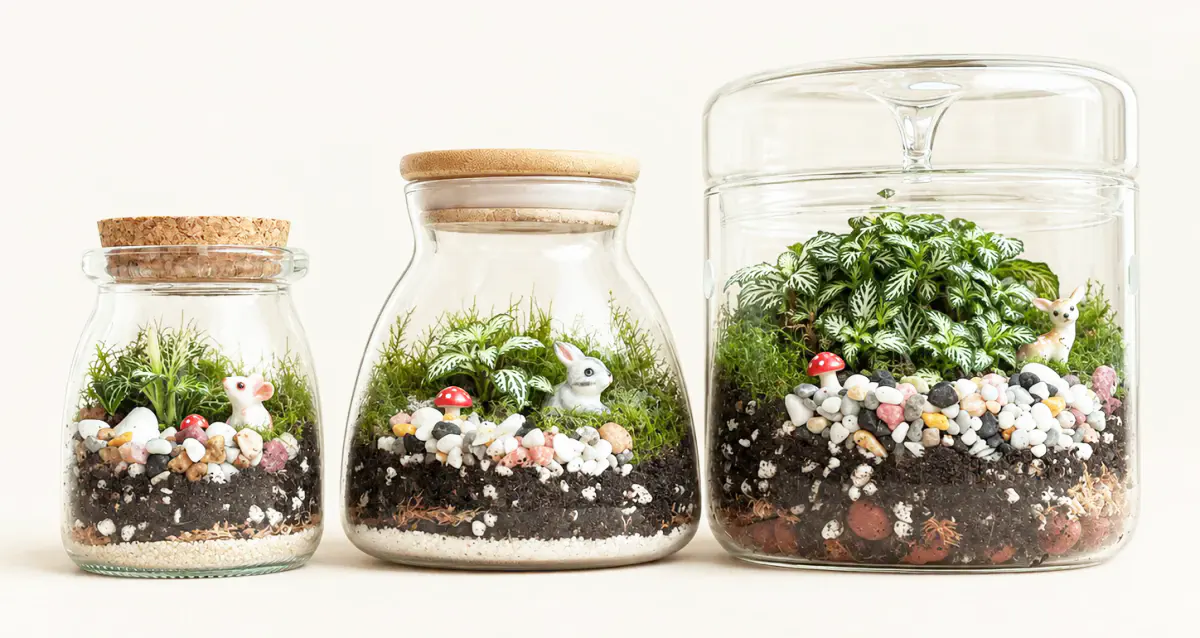The three kits photographed side by side, smallest to largest: The Nook, a small cork-topped jar with a tiny mouse among the pebbles; The Burrow, a rounded jar under a wooden lid with a rabbit sitting in the moss; and The Meadow, the largest, a wide lidded jar planted thickly with green, a small deer standing at the edge of it.